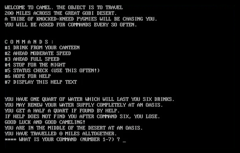 Camel running in DOSBox: the welcome text, the seven commands from drinking from your canteen to hoping for help, and “GOOD LUCK AND GOOD CAMELING!”