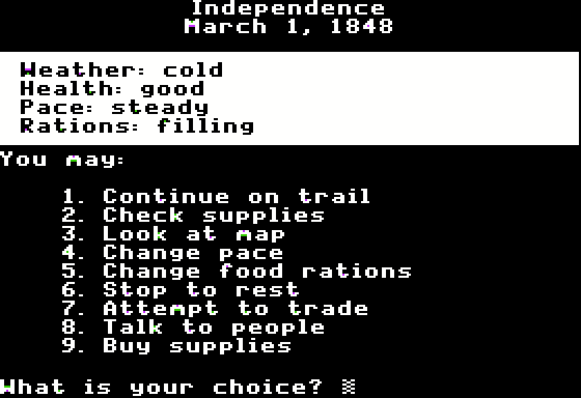 The Oregon Trail on the Apple II: a status panel for Independence, March 1, 1848, showing weather, health, pace and rations, followed by a numbered list of choices.